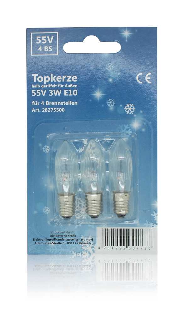 Blisterverpackung mit drei klaren, kerzenförmigen Glühlampen mit Schraubsockel auf blauem Hintergrund mit