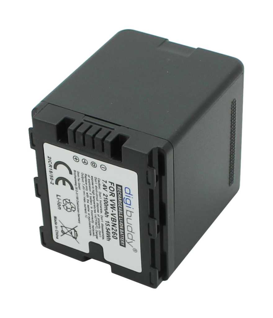 Schwarzer Kamera-Akku in rechteckiger Form mit Kontaktleiste und weißem Etikett auf der Vorderseite