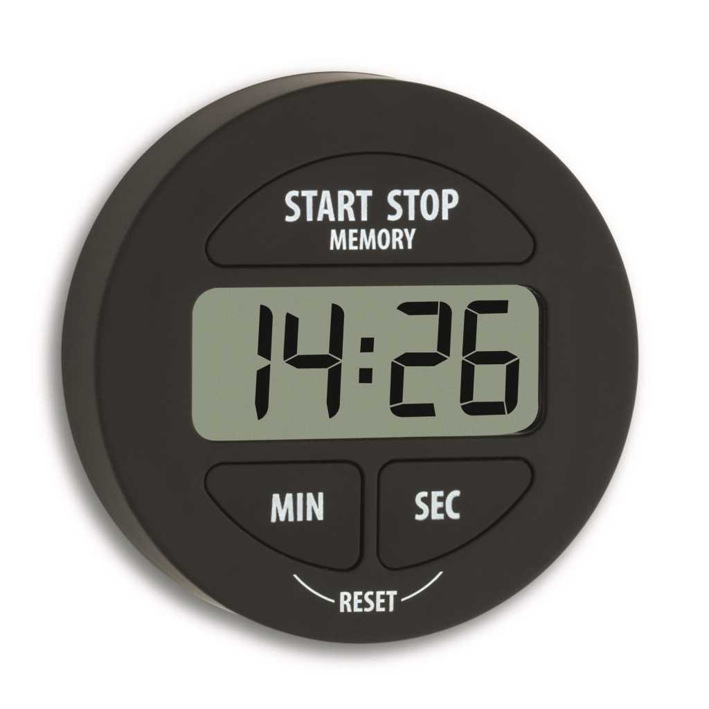 Runder schwarzer digitaler Timer mit großem Display und Tasten für Start/Stop, Minuten, Sekunden und Reset