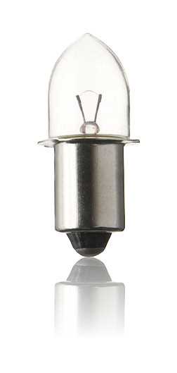 Kleine Glühbirne mit klarem Glaskolben, sichtbarem Glühfaden und silbernem Metallsockel mit schwarzer Spitze