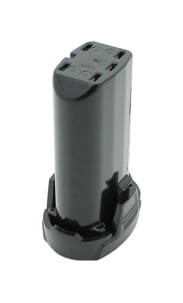 Schwarzer Werkzeugakku in zylindrischer Form mit Steckkontakten oben und Verriegelung am Fuß auf weißem Hintergrund