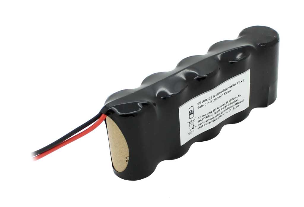 Bild von Notleuchtenakku NiCd 6,0V 1800mAh F1x5 Sub-C mit 200mm Kabel einseitig